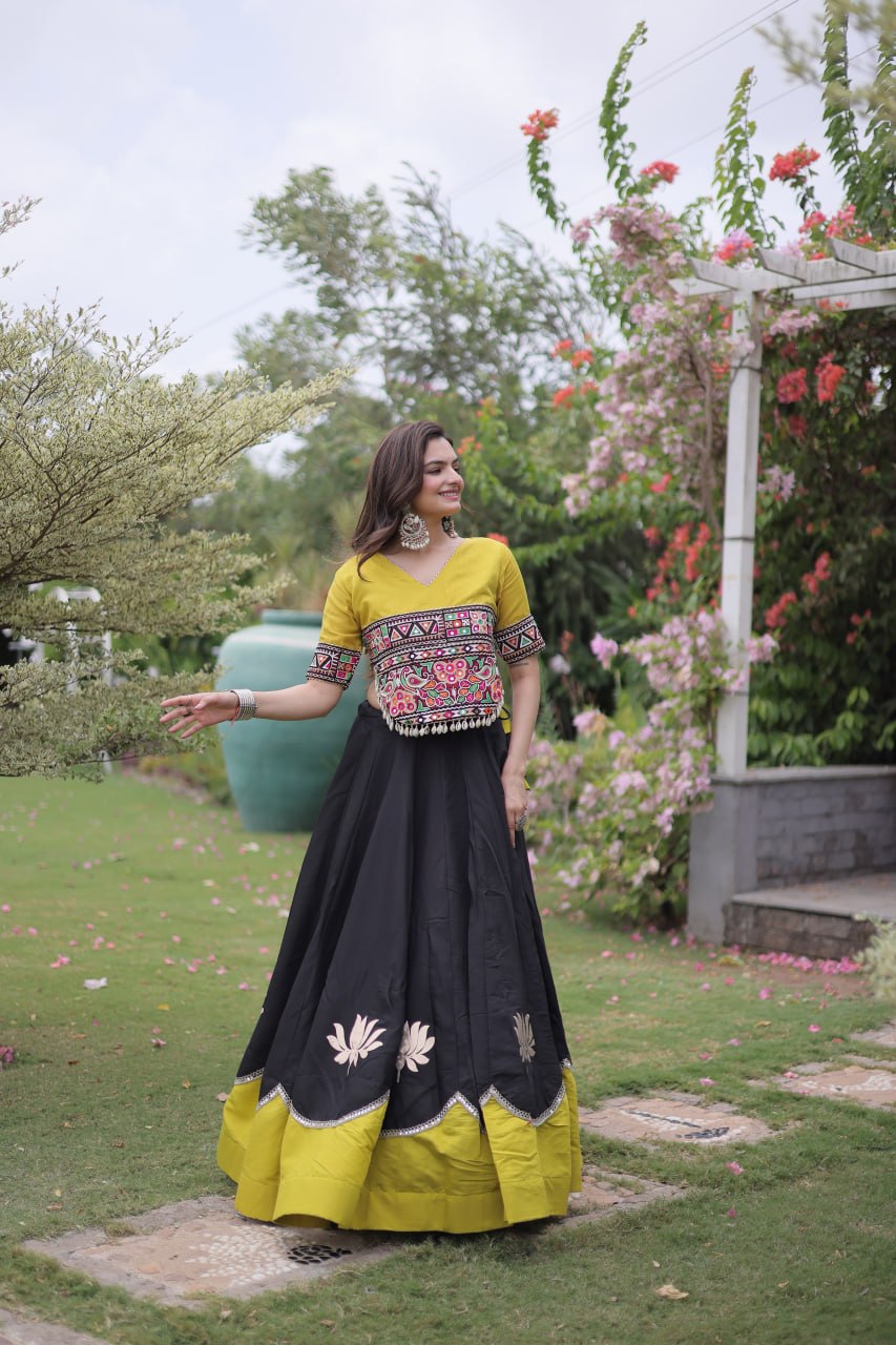 DESIGNER BLACK & YELLOW LOTUS BLOOM NAVRATRI LEHENGA CHOLI
