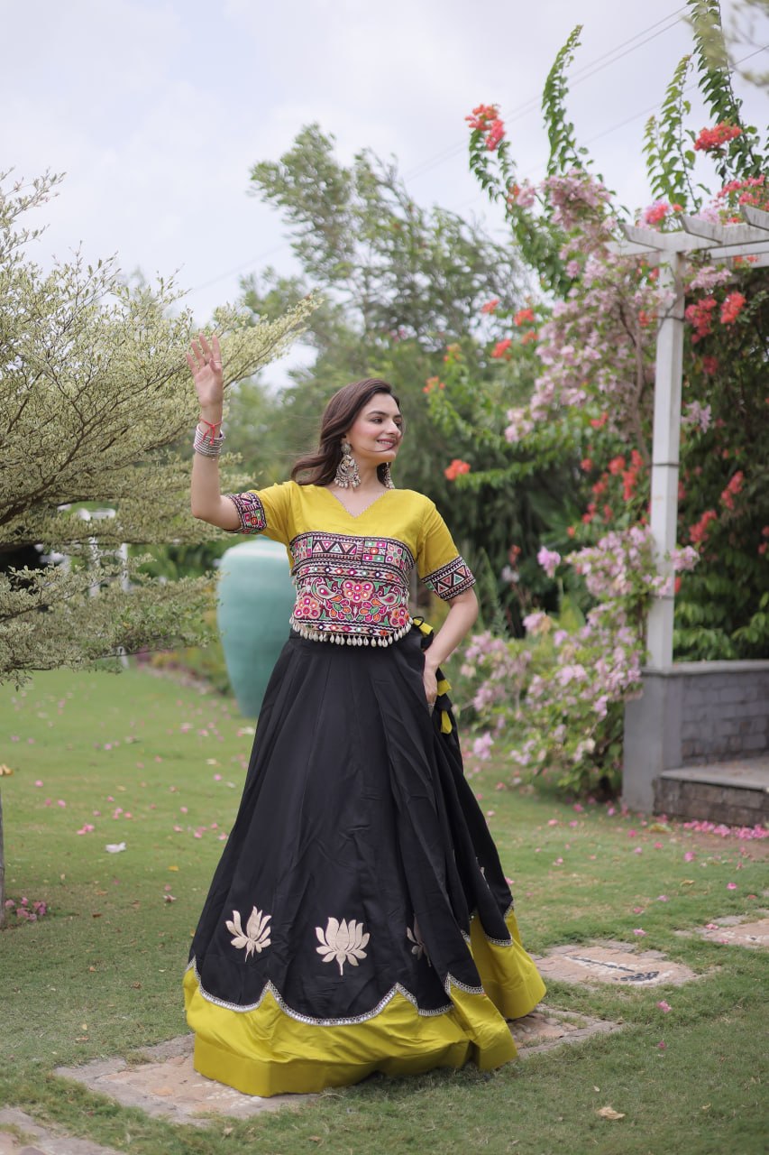 DESIGNER BLACK & YELLOW LOTUS BLOOM NAVRATRI LEHENGA CHOLI