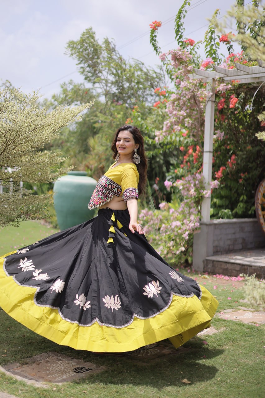 DESIGNER BLACK & YELLOW LOTUS BLOOM NAVRATRI LEHENGA CHOLI