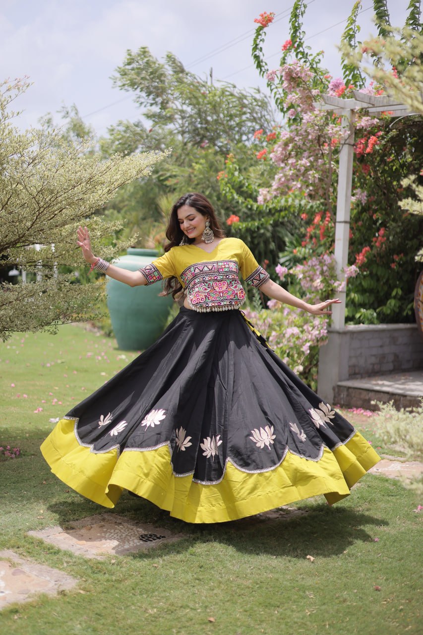 DESIGNER BLACK & YELLOW LOTUS BLOOM NAVRATRI LEHENGA CHOLI