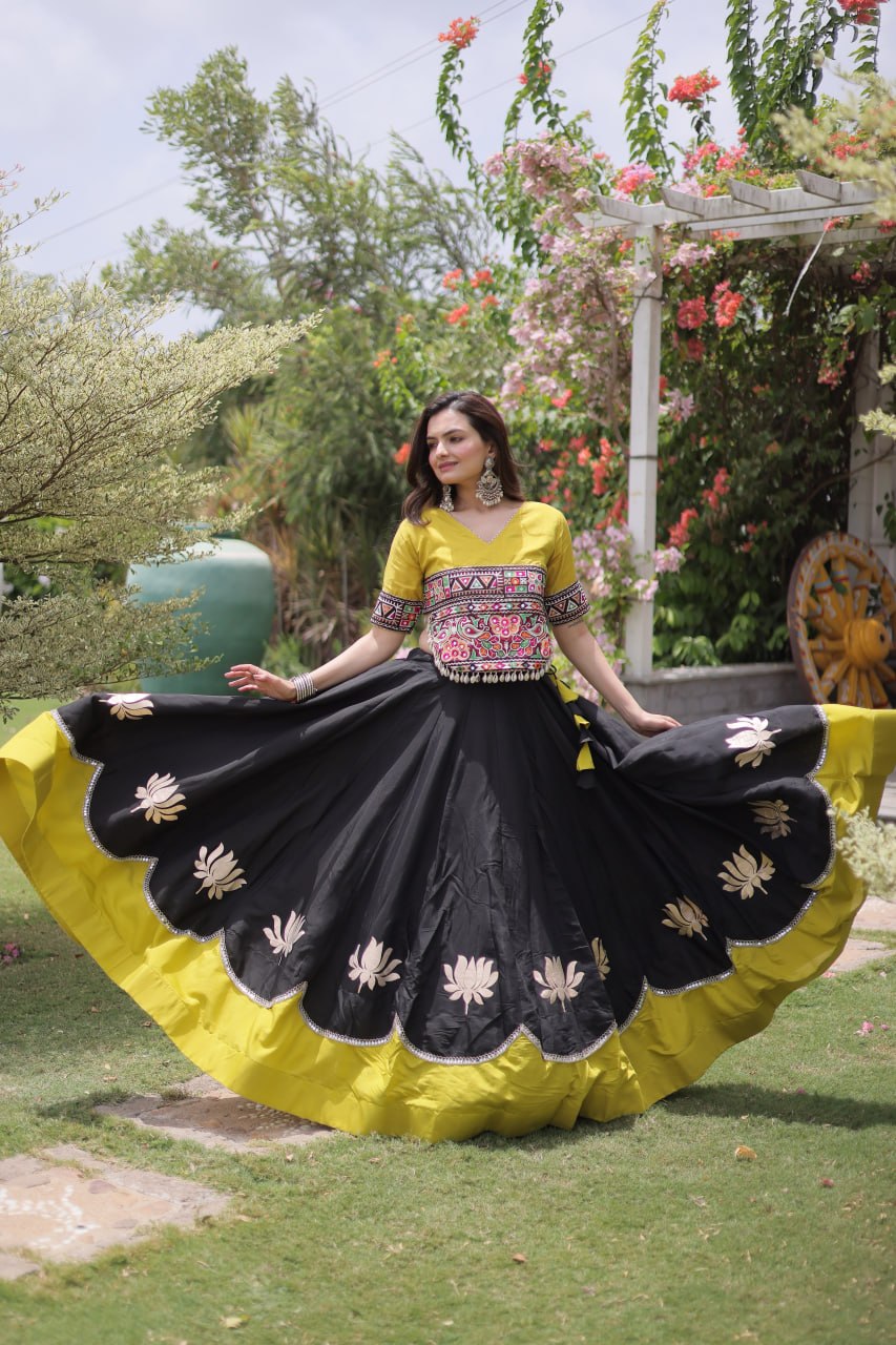 DESIGNER BLACK & YELLOW LOTUS BLOOM NAVRATRI LEHENGA CHOLI