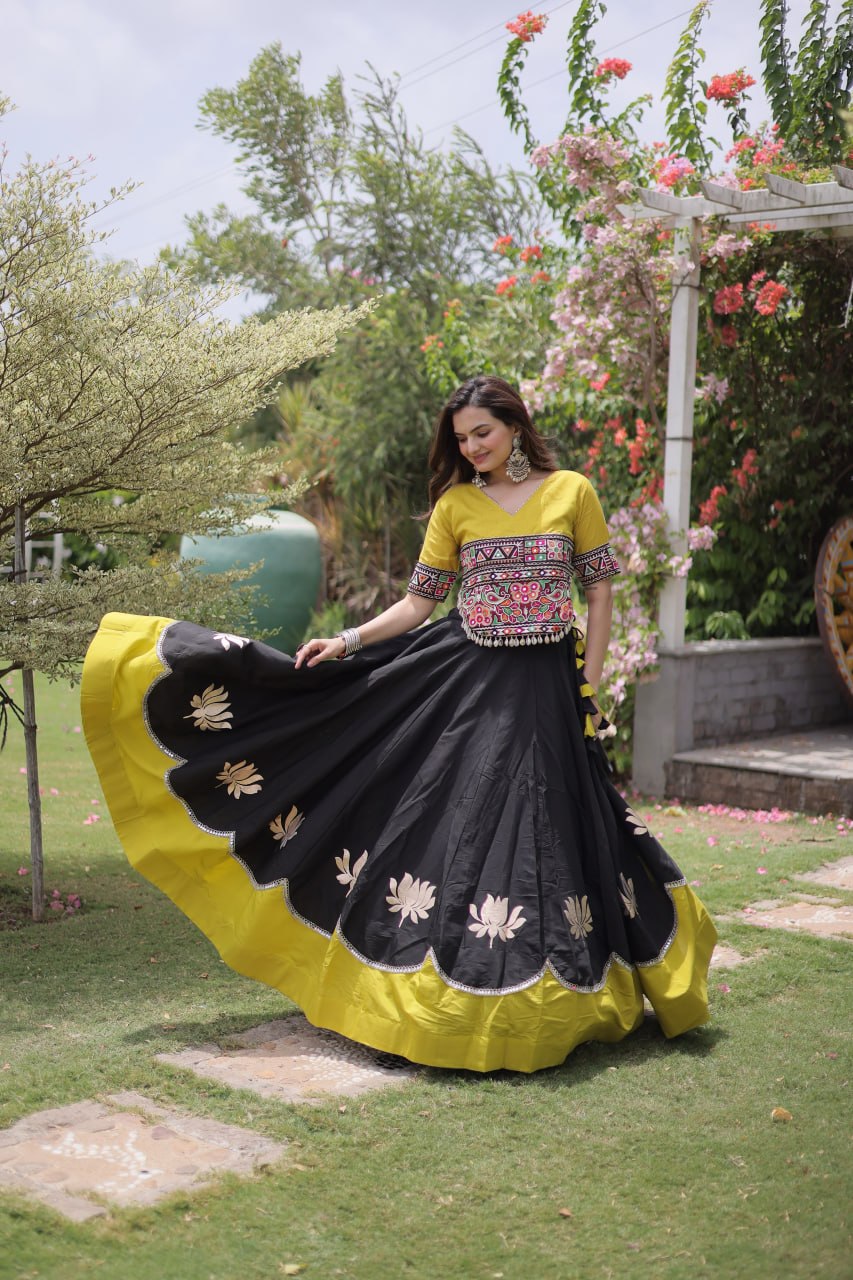 DESIGNER BLACK & YELLOW LOTUS BLOOM NAVRATRI LEHENGA CHOLI