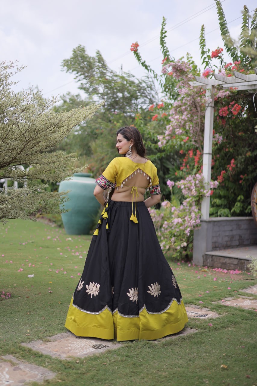 DESIGNER BLACK & YELLOW LOTUS BLOOM NAVRATRI LEHENGA CHOLI