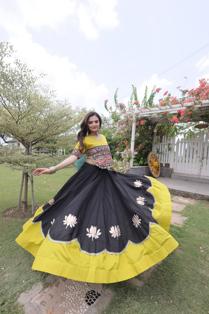 DESIGNER BLACK & YELLOW LOTUS BLOOM NAVRATRI LEHENGA CHOLI