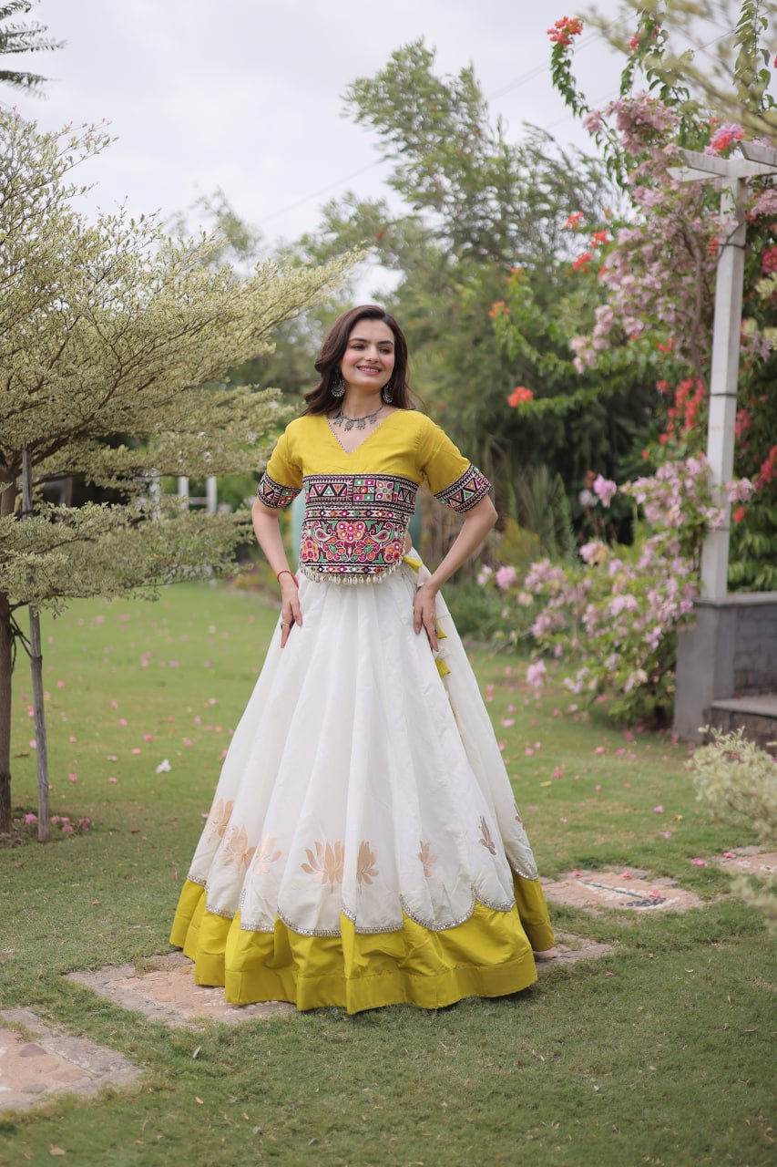 DESIGNER WHITE & YELLOW LOTUS BLOOM NAVRATRI LEHENGA CHOLI