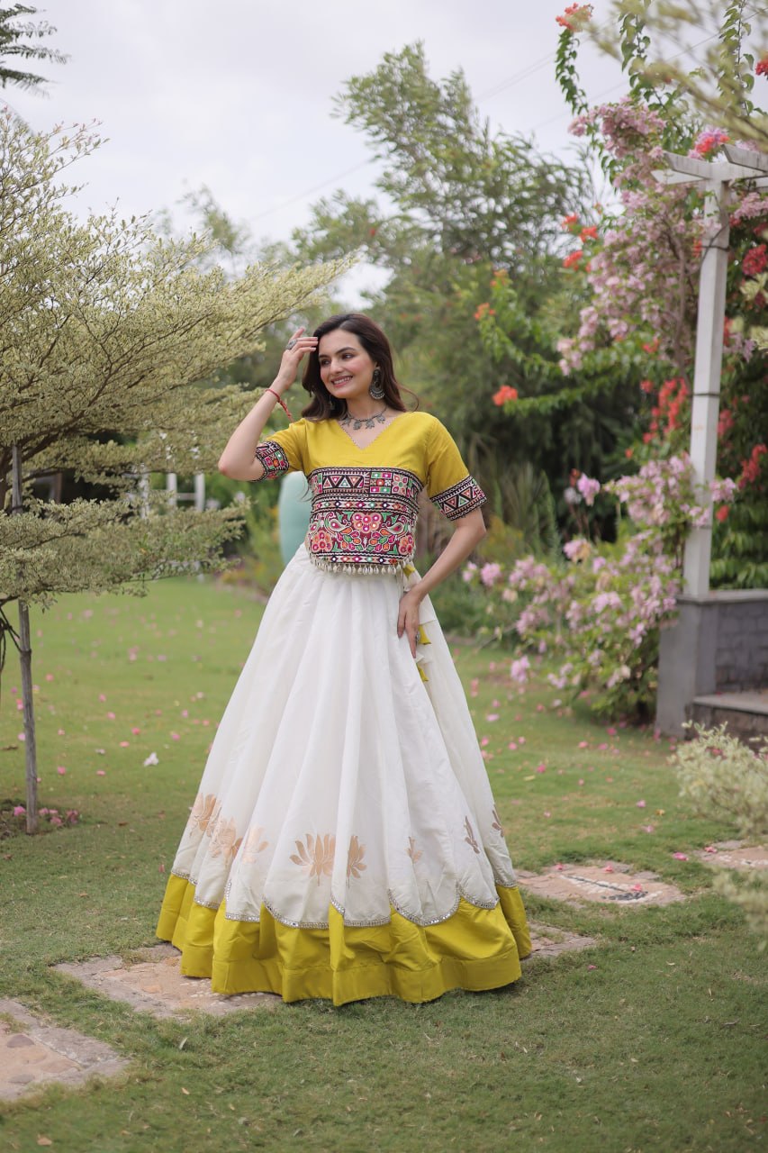 DESIGNER WHITE & YELLOW LOTUS BLOOM NAVRATRI LEHENGA CHOLI