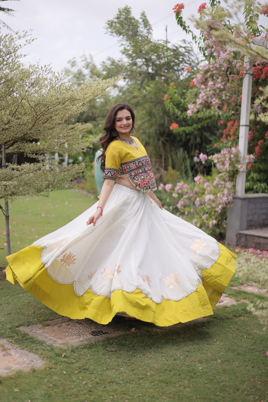 DESIGNER WHITE & YELLOW LOTUS BLOOM NAVRATRI LEHENGA CHOLI