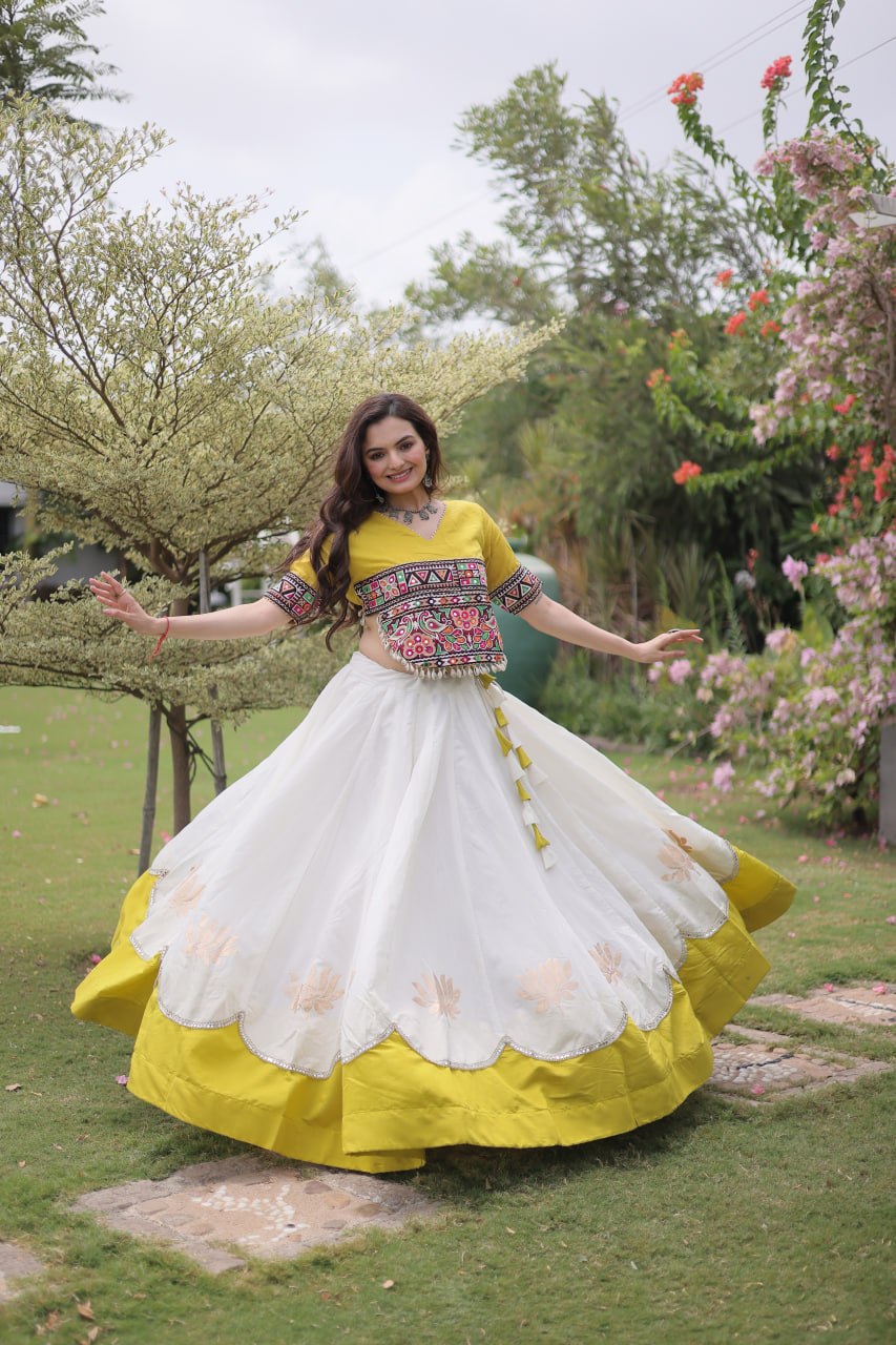 DESIGNER WHITE & YELLOW LOTUS BLOOM NAVRATRI LEHENGA CHOLI