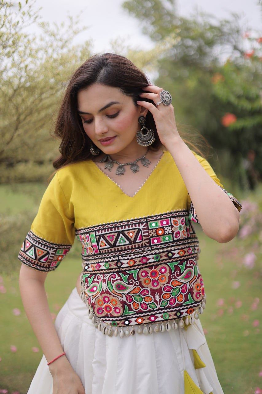 DESIGNER WHITE & YELLOW LOTUS BLOOM NAVRATRI LEHENGA CHOLI