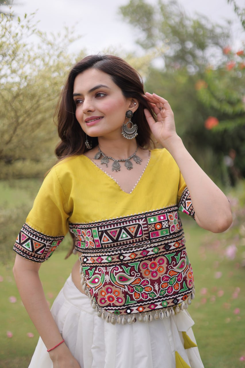 DESIGNER WHITE & YELLOW LOTUS BLOOM NAVRATRI LEHENGA CHOLI