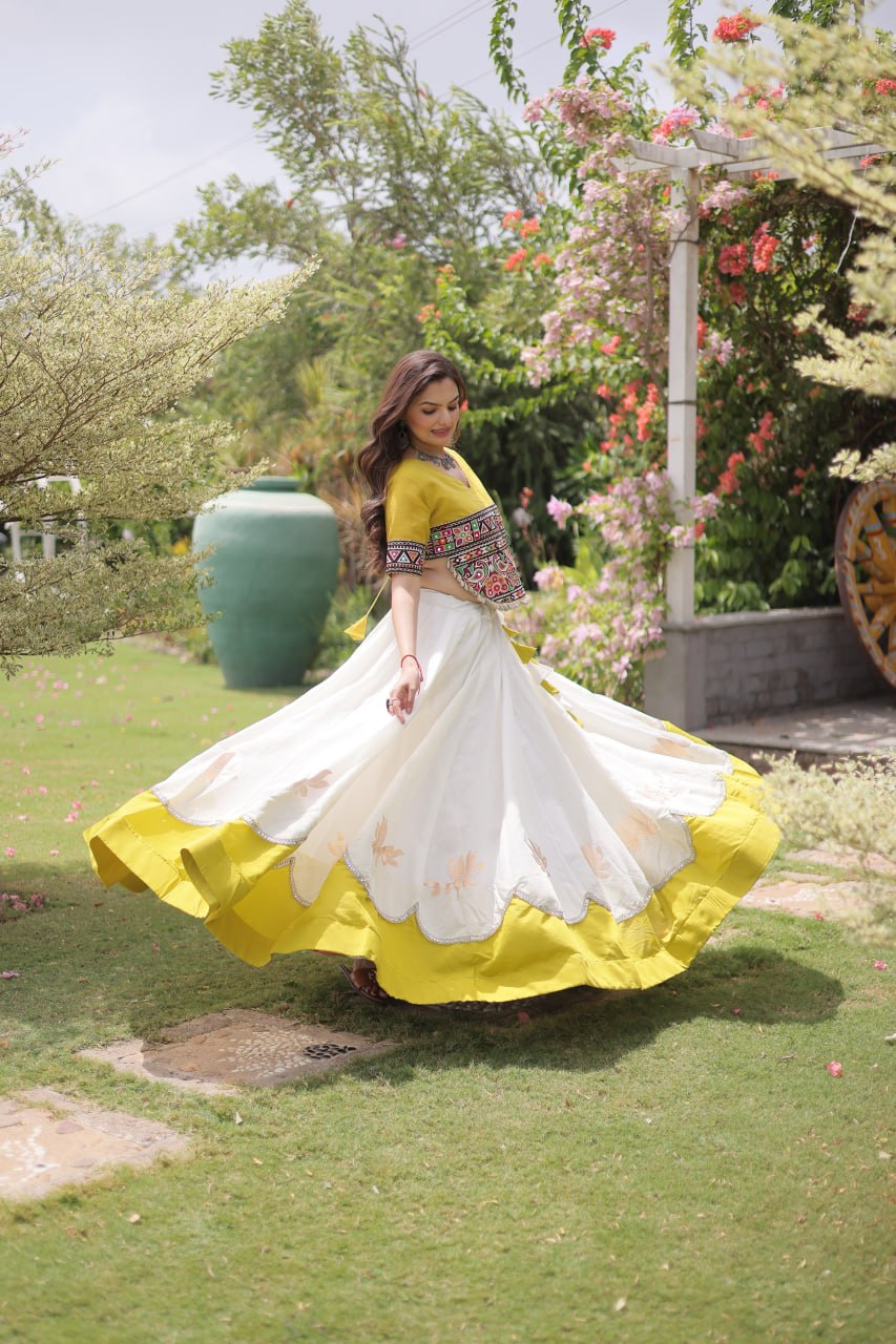 DESIGNER WHITE & YELLOW LOTUS BLOOM NAVRATRI LEHENGA CHOLI