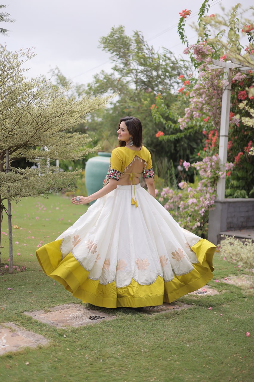 DESIGNER WHITE & YELLOW LOTUS BLOOM NAVRATRI LEHENGA CHOLI
