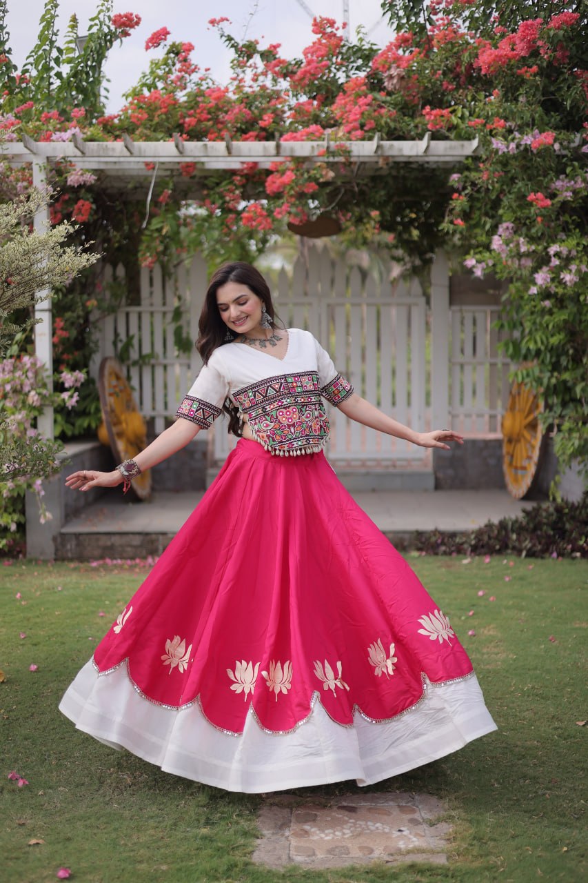 DESIGNER PINK & WHITE LOTUS BLOOM NAVRATRI LEHENGA CHOLI