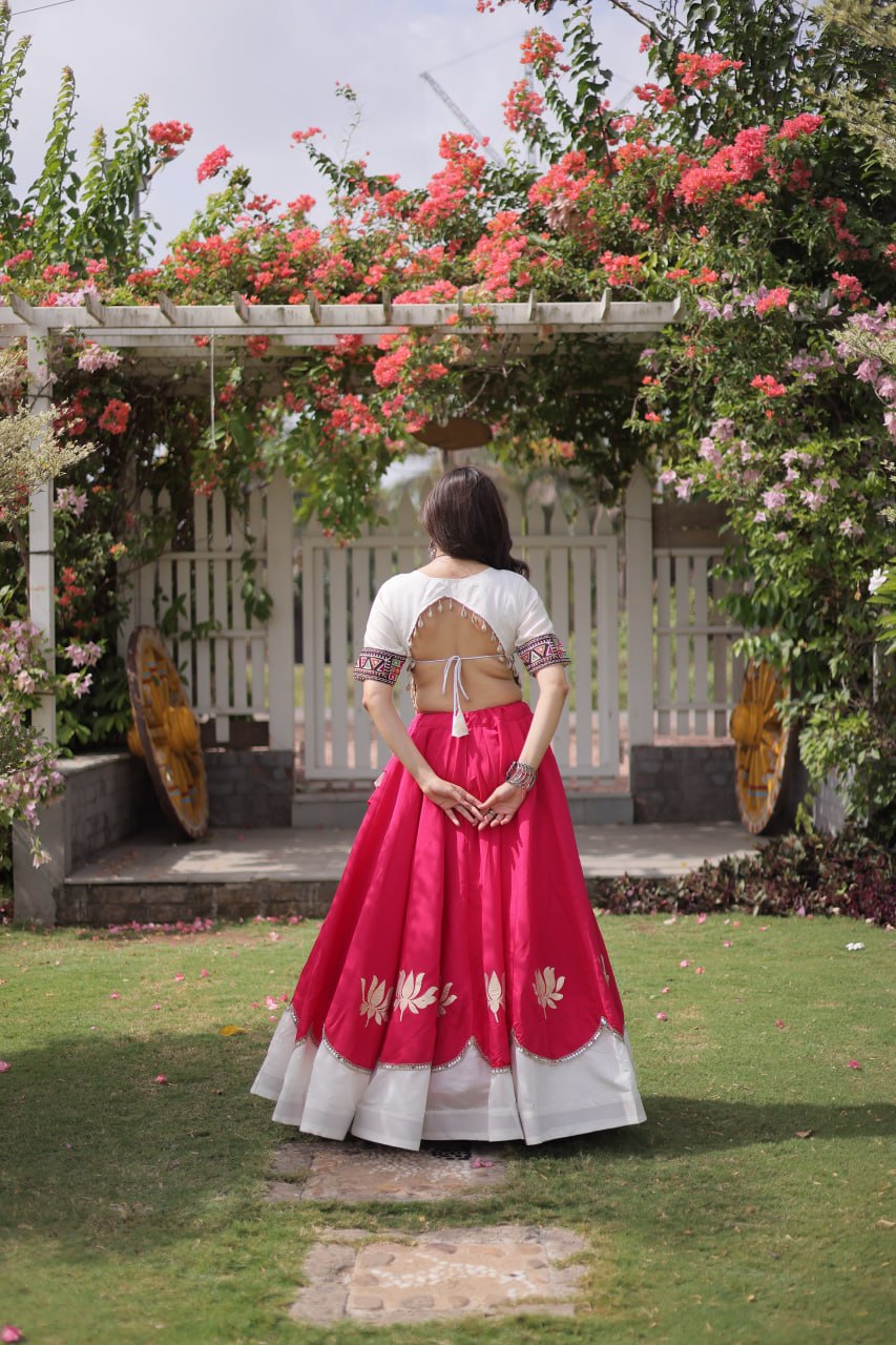 DESIGNER PINK & WHITE LOTUS BLOOM NAVRATRI LEHENGA CHOLI