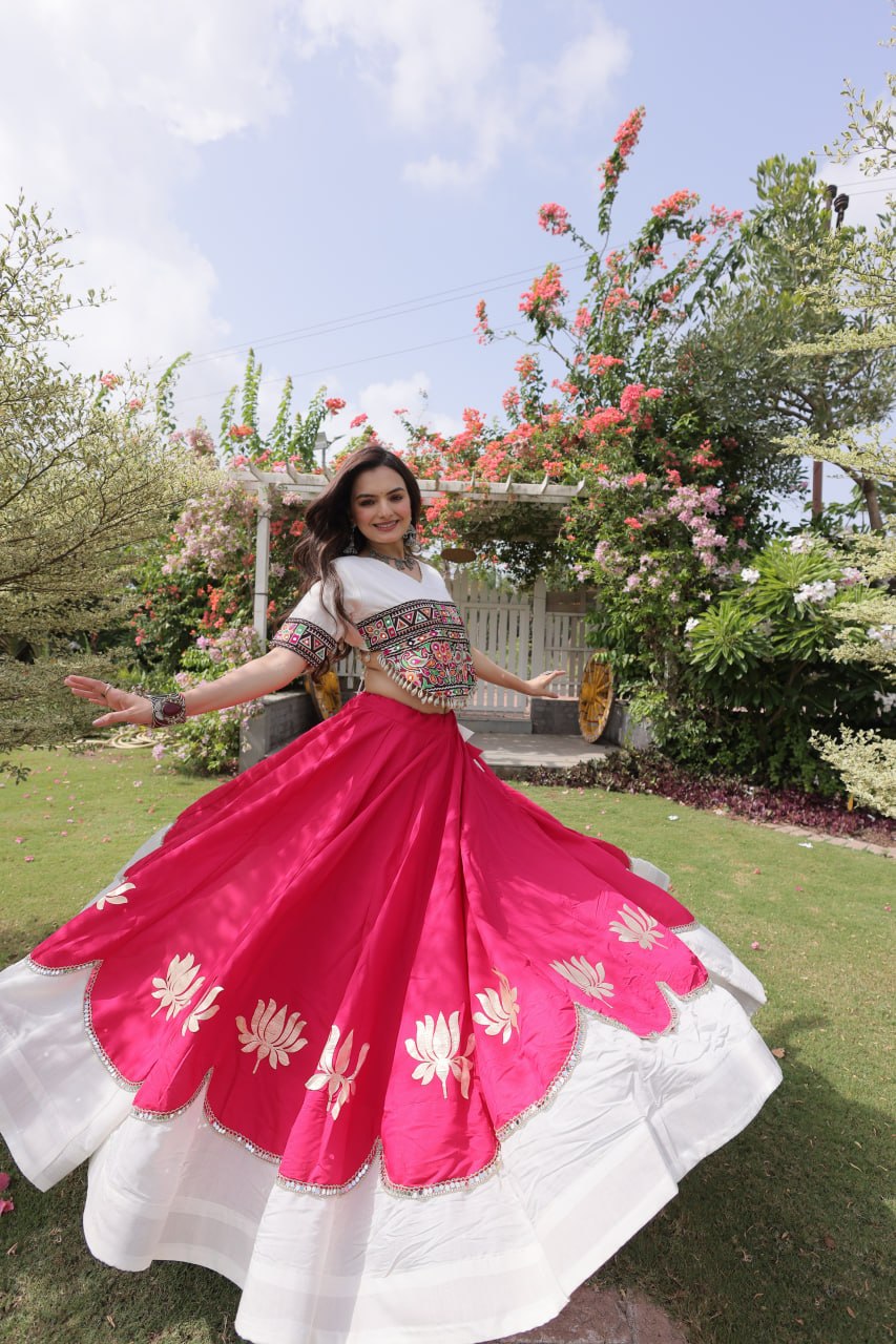 DESIGNER PINK & WHITE LOTUS BLOOM NAVRATRI LEHENGA CHOLI