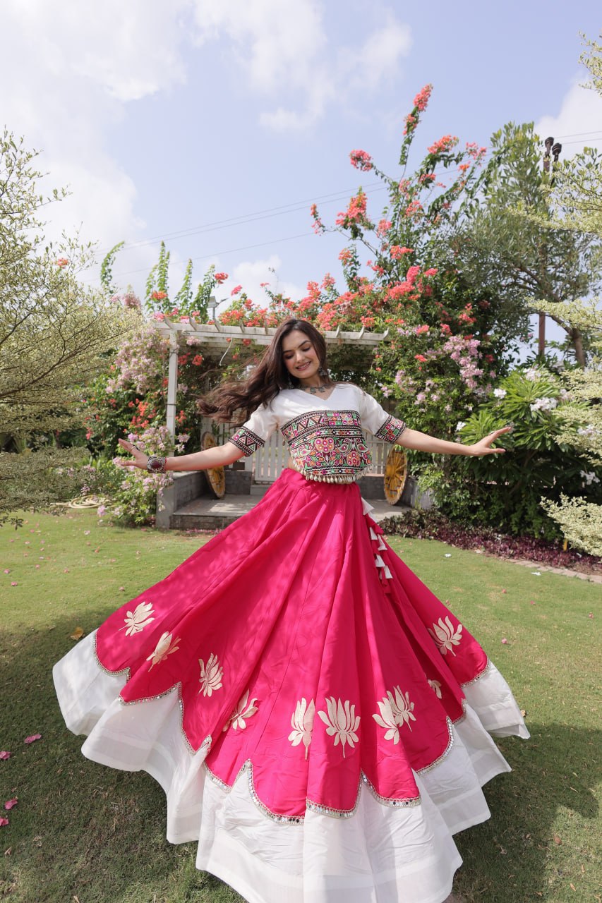 DESIGNER PINK & WHITE LOTUS BLOOM NAVRATRI LEHENGA CHOLI