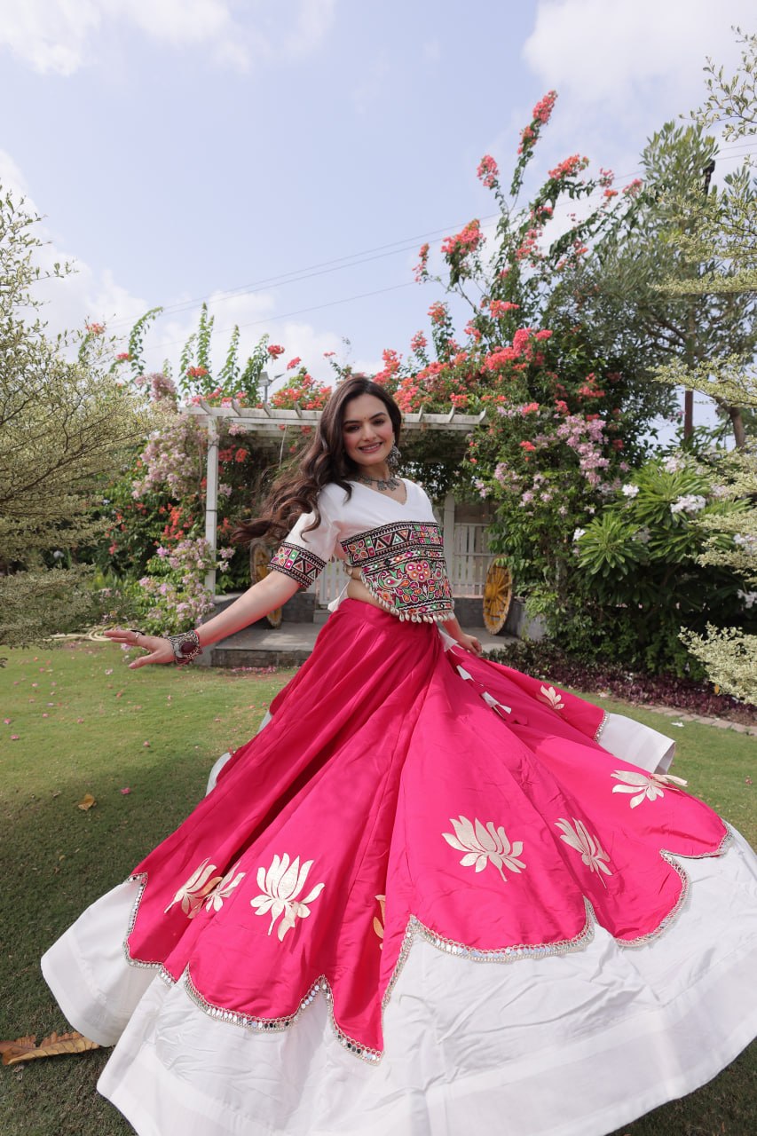 DESIGNER PINK & WHITE LOTUS BLOOM NAVRATRI LEHENGA CHOLI