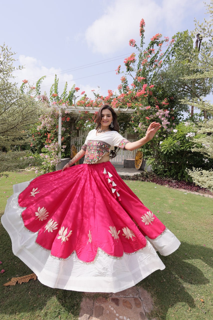 DESIGNER PINK & WHITE LOTUS BLOOM NAVRATRI LEHENGA CHOLI