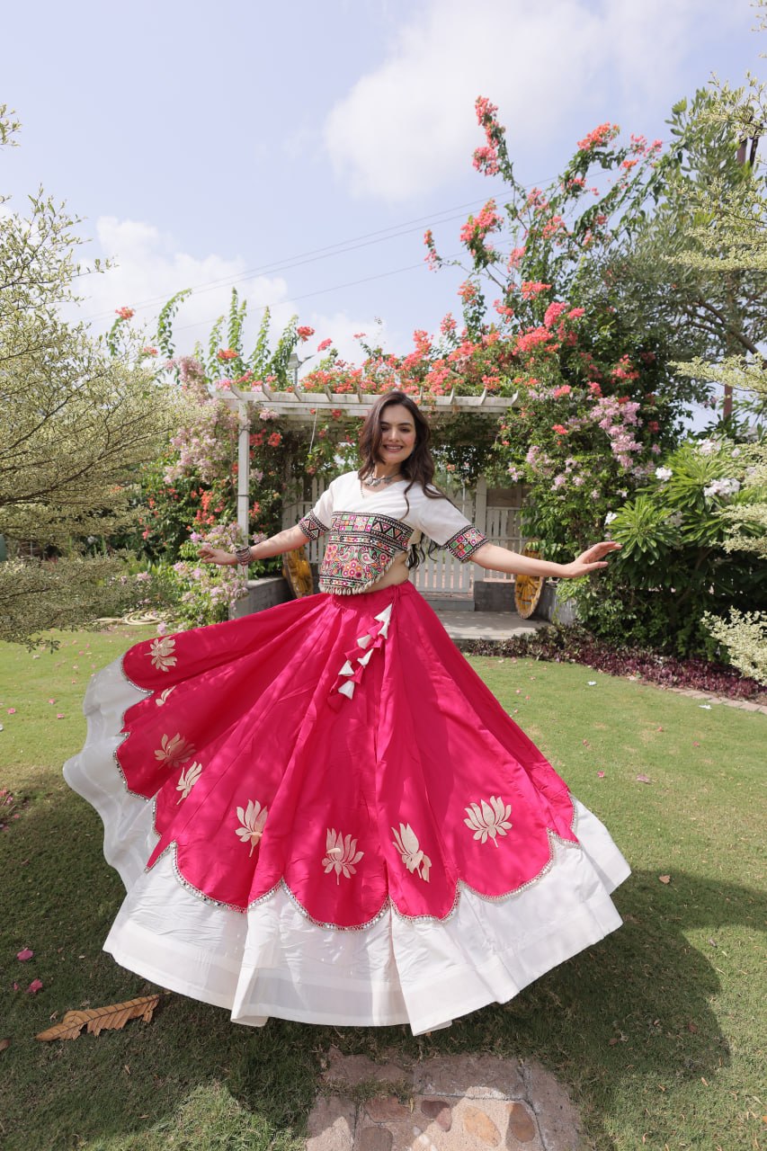 DESIGNER PINK & WHITE LOTUS BLOOM NAVRATRI LEHENGA CHOLI