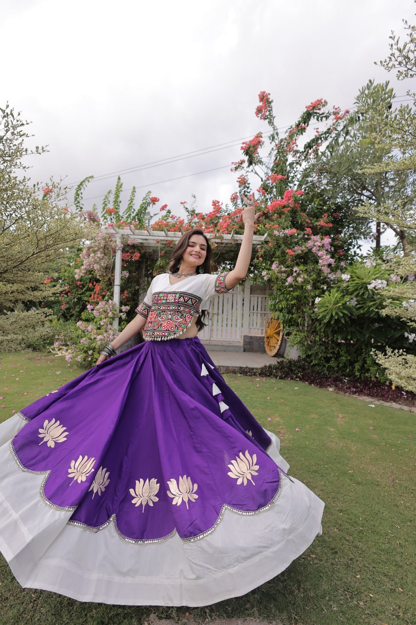 DESIGNER PURPLE & WHITE LOTUS BLOOM NAVRATRI LEHENGA CHOLI