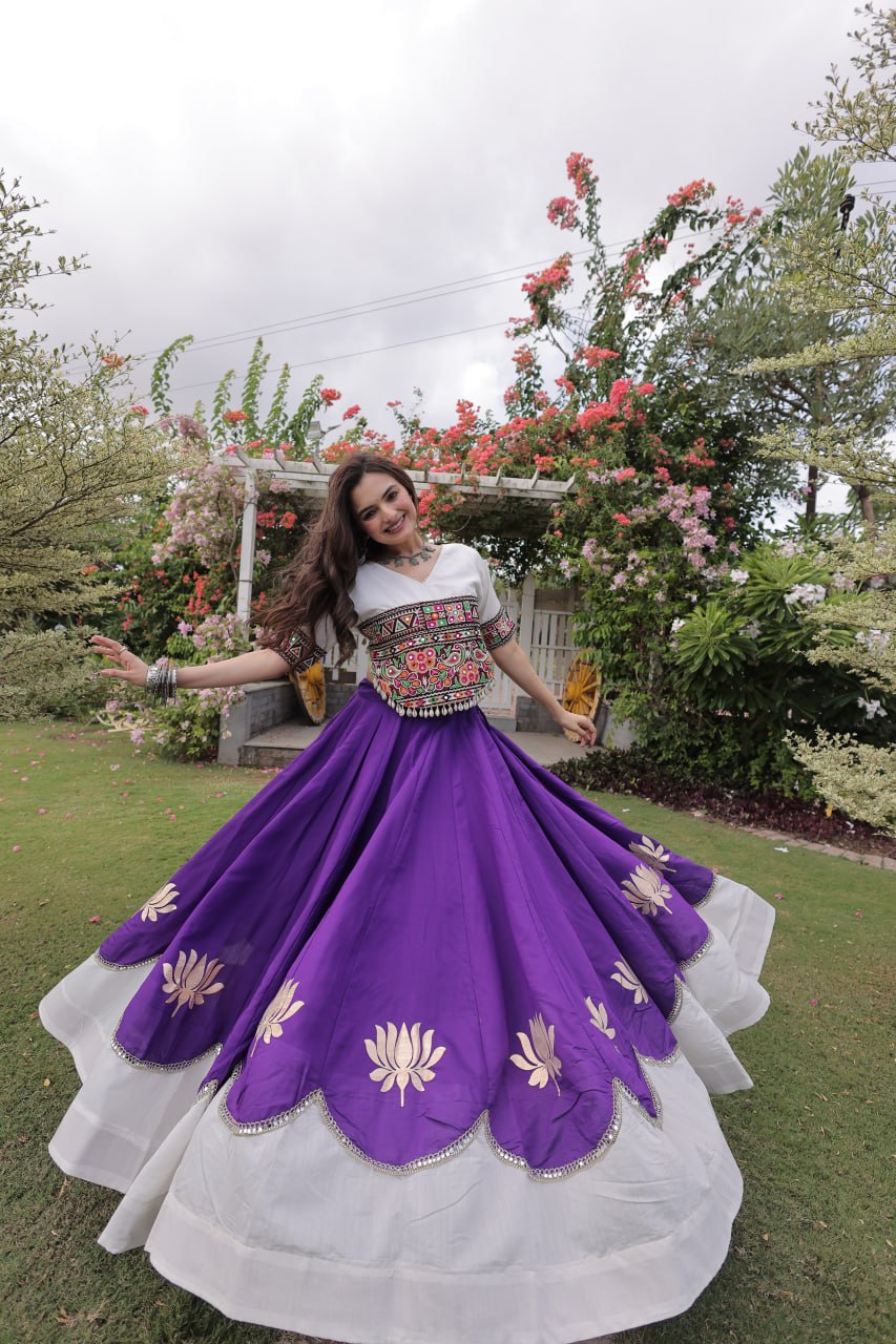 DESIGNER PURPLE & WHITE LOTUS BLOOM NAVRATRI LEHENGA CHOLI