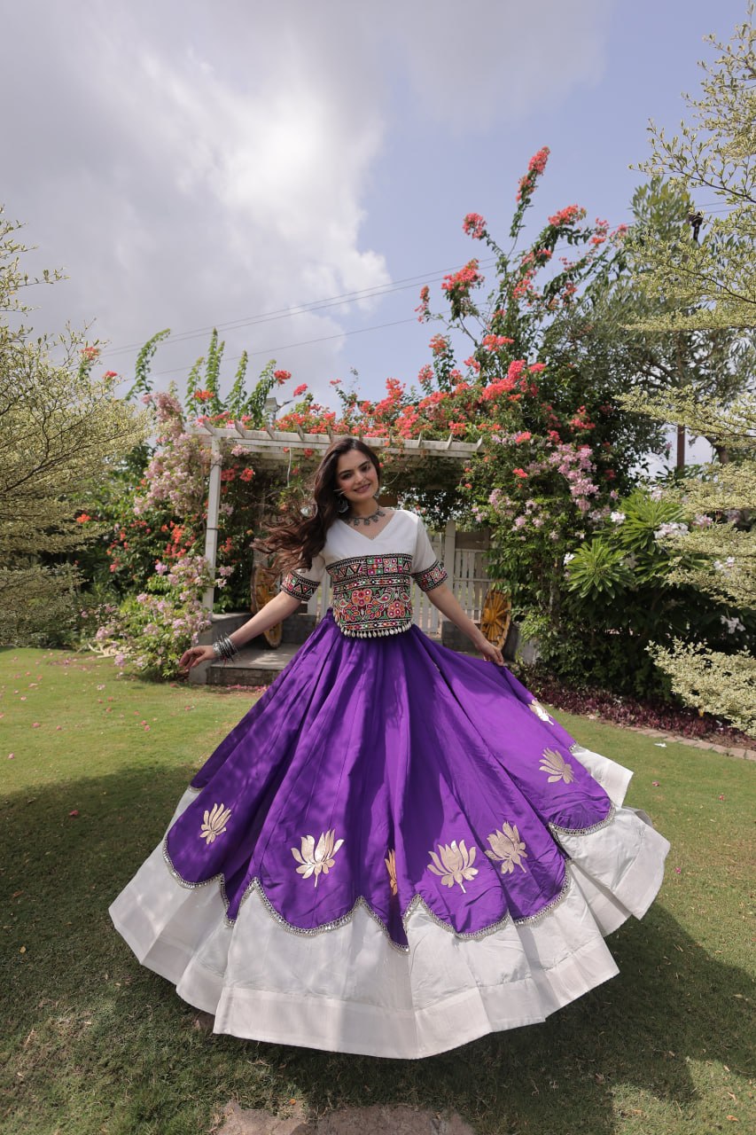 DESIGNER PURPLE & WHITE LOTUS BLOOM NAVRATRI LEHENGA CHOLI