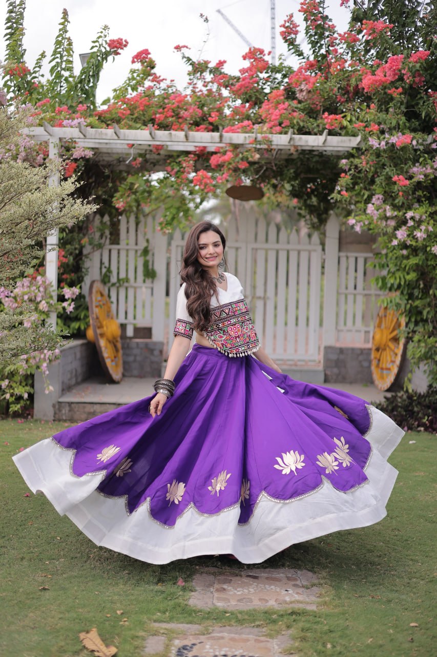 DESIGNER PURPLE & WHITE LOTUS BLOOM NAVRATRI LEHENGA CHOLI