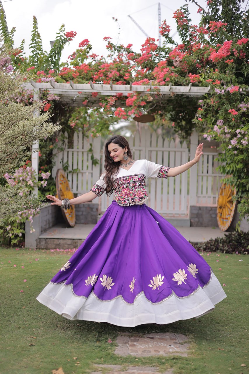 DESIGNER PURPLE & WHITE LOTUS BLOOM NAVRATRI LEHENGA CHOLI