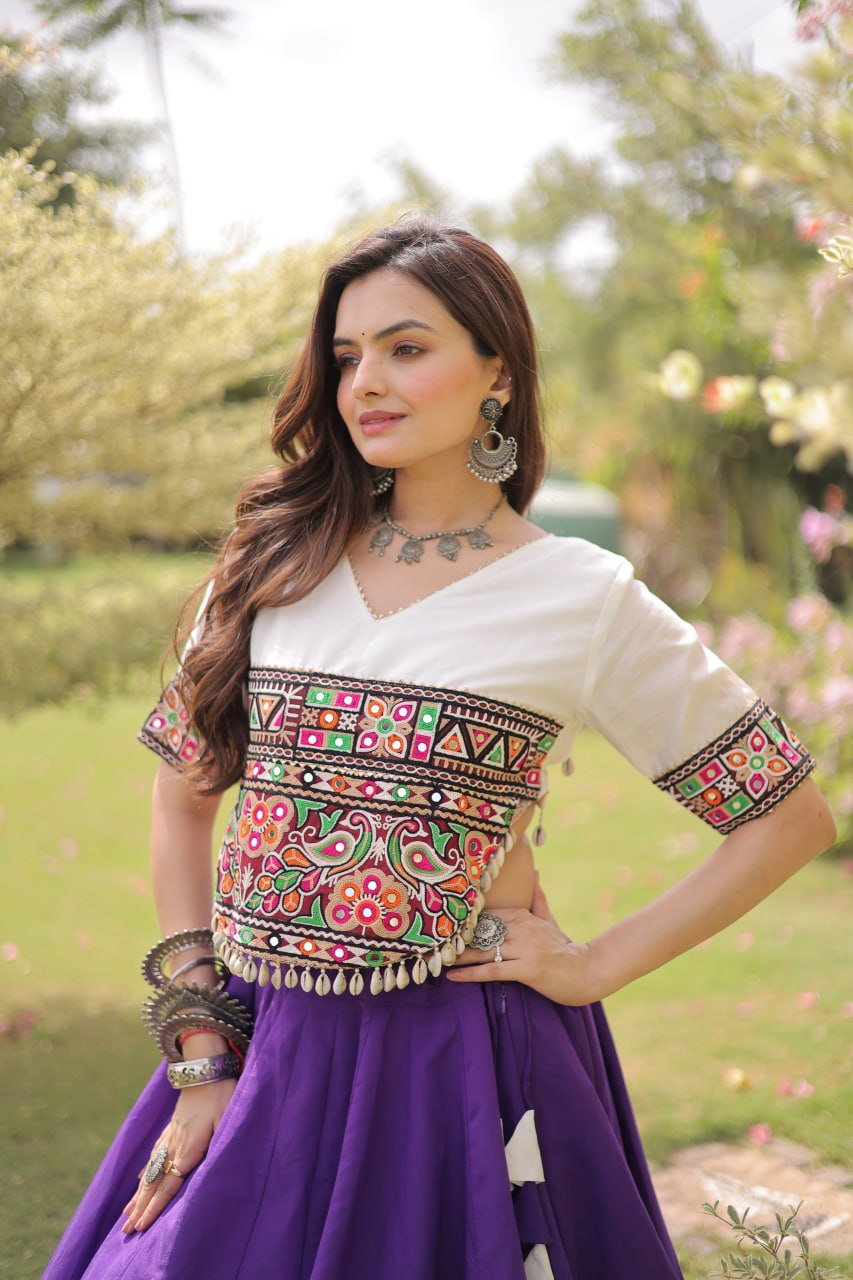 DESIGNER PURPLE & WHITE LOTUS BLOOM NAVRATRI LEHENGA CHOLI