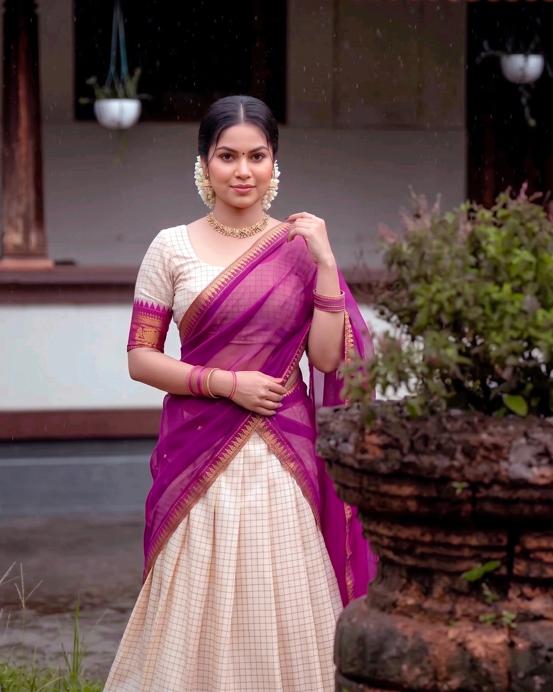 CLASSIC SOUTH INDIAN STYLE WHITE & WINE HALF SAREE