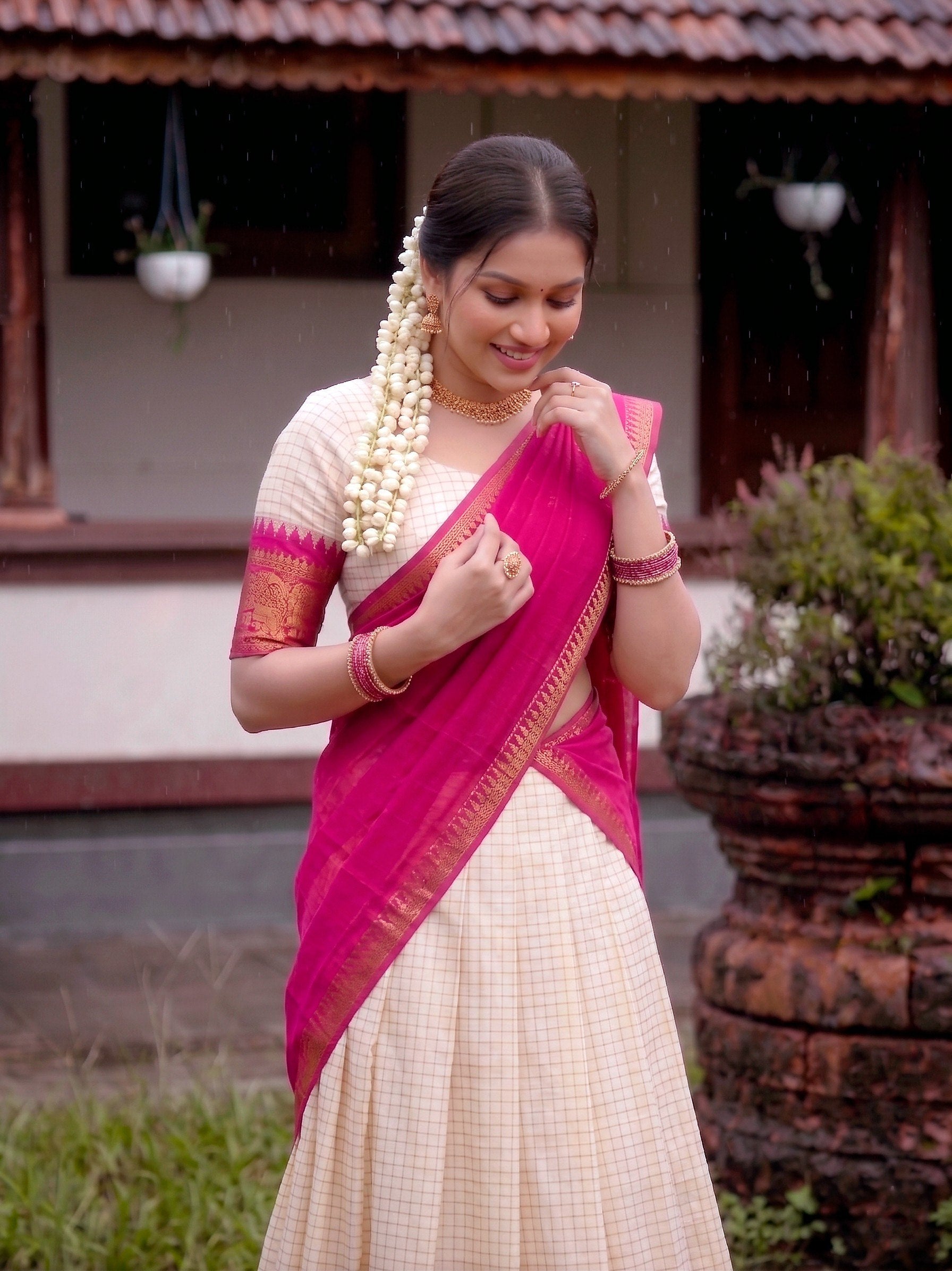 CLASSIC SOUTH INDIAN STYLE WHITE & PINK HALF SAREE