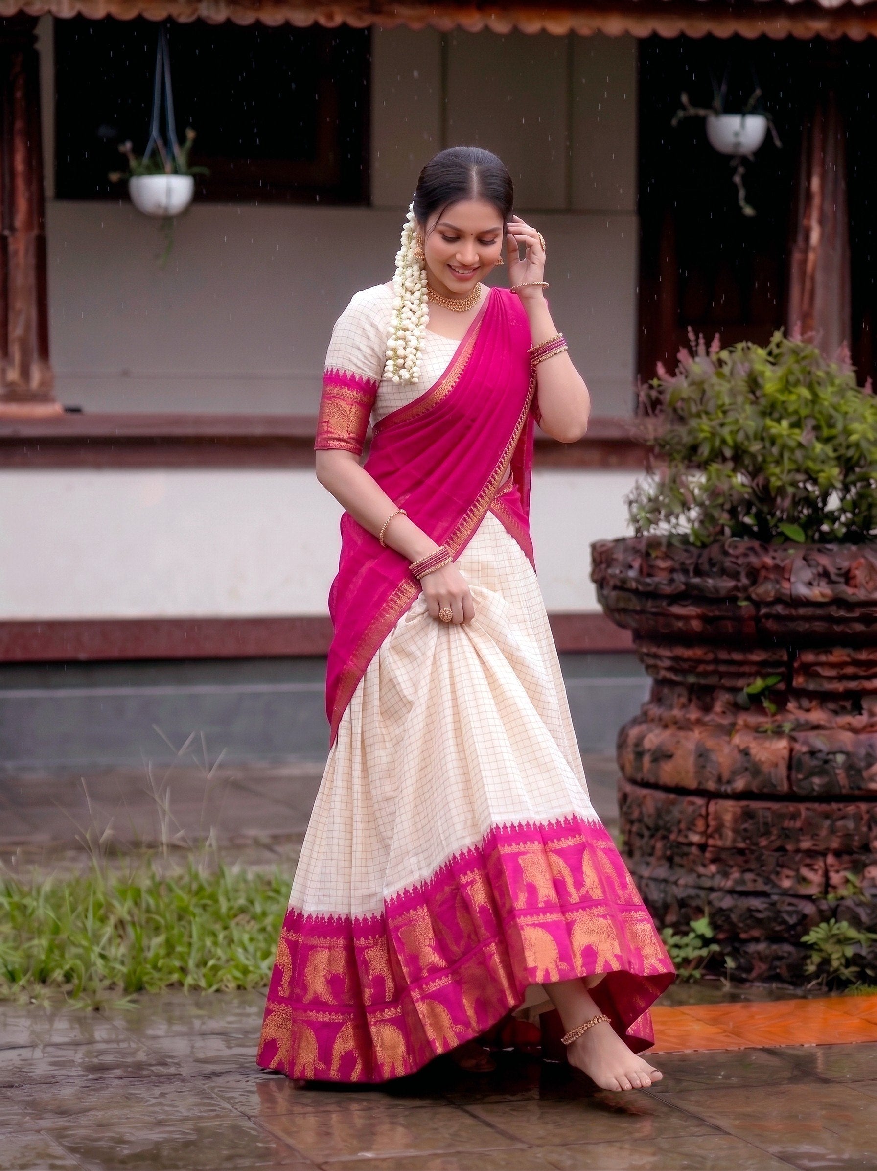 CLASSIC SOUTH INDIAN STYLE WHITE & PINK HALF SAREE