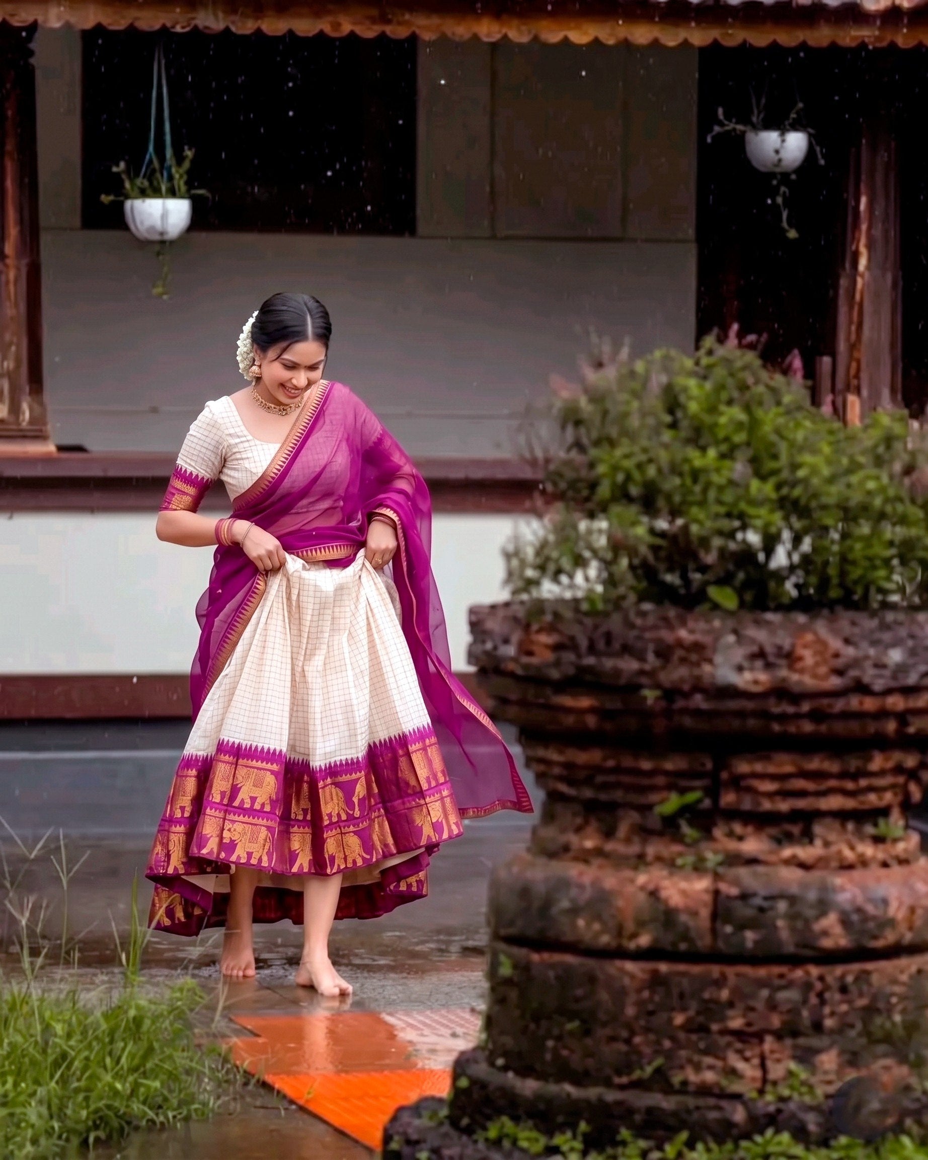 CLASSIC SOUTH INDIAN STYLE WHITE & WINE HALF SAREE