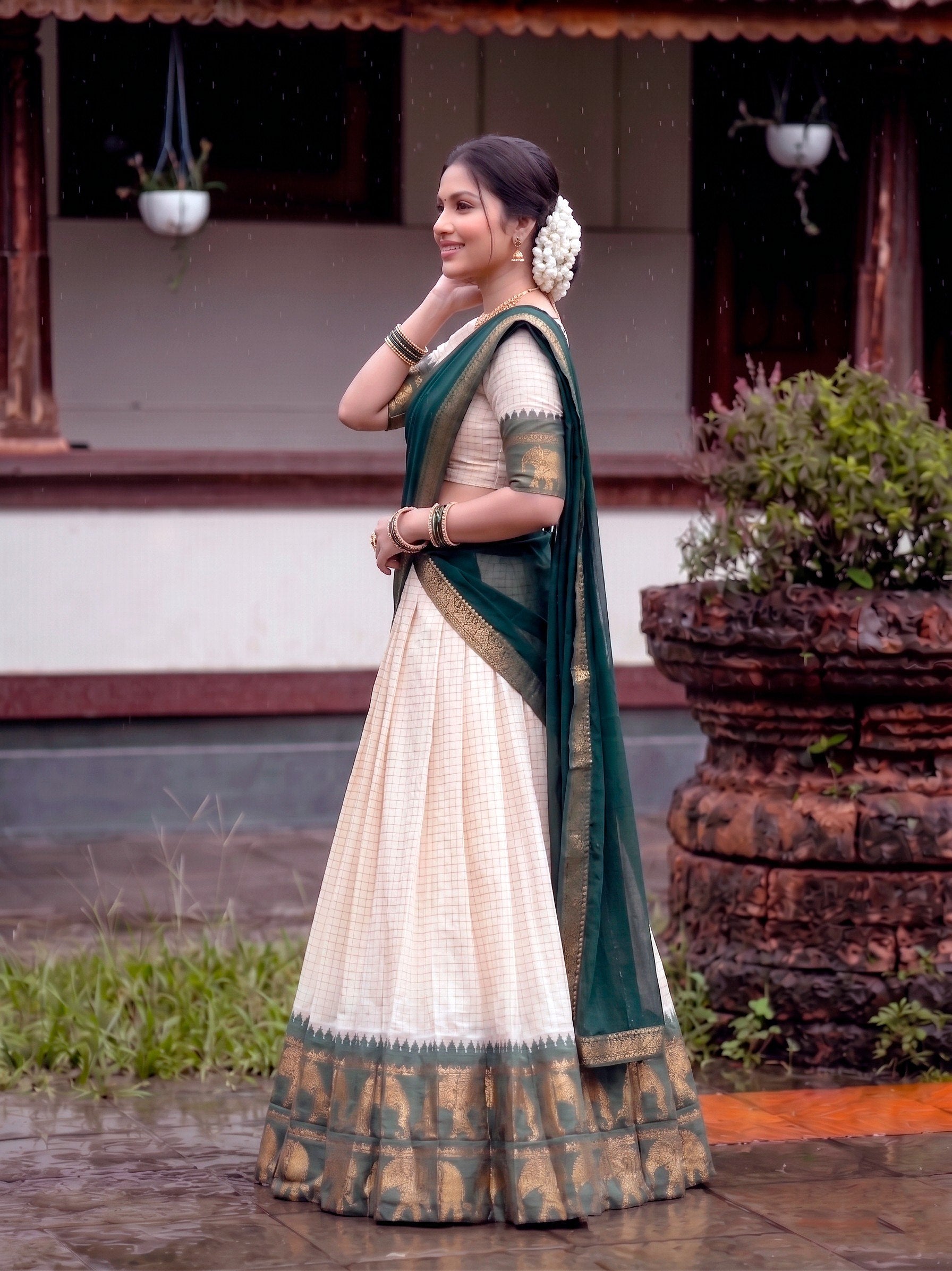 CLASSIC SOUTH INDIAN STYLE WHITE & GREEN HALF SAREE