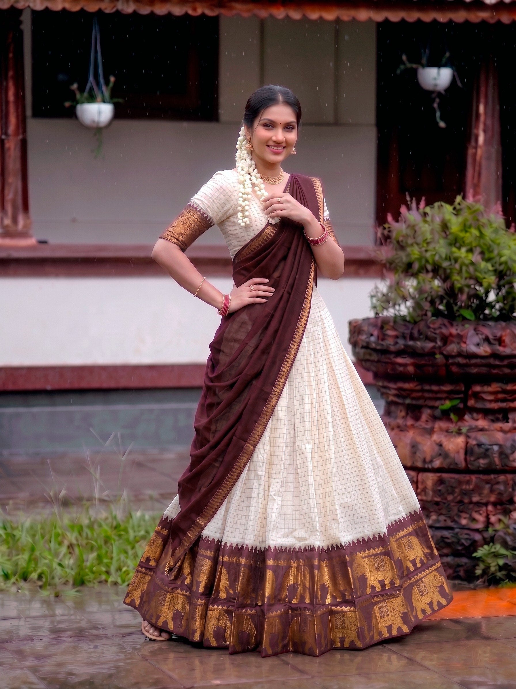 CLASSIC SOUTH INDIAN STYLE WHITE & MAROON HALF SAREE