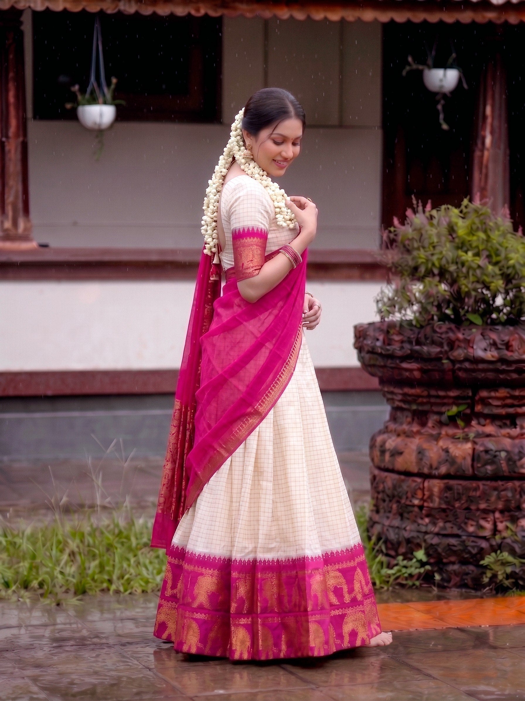 CLASSIC SOUTH INDIAN STYLE WHITE & PINK HALF SAREE