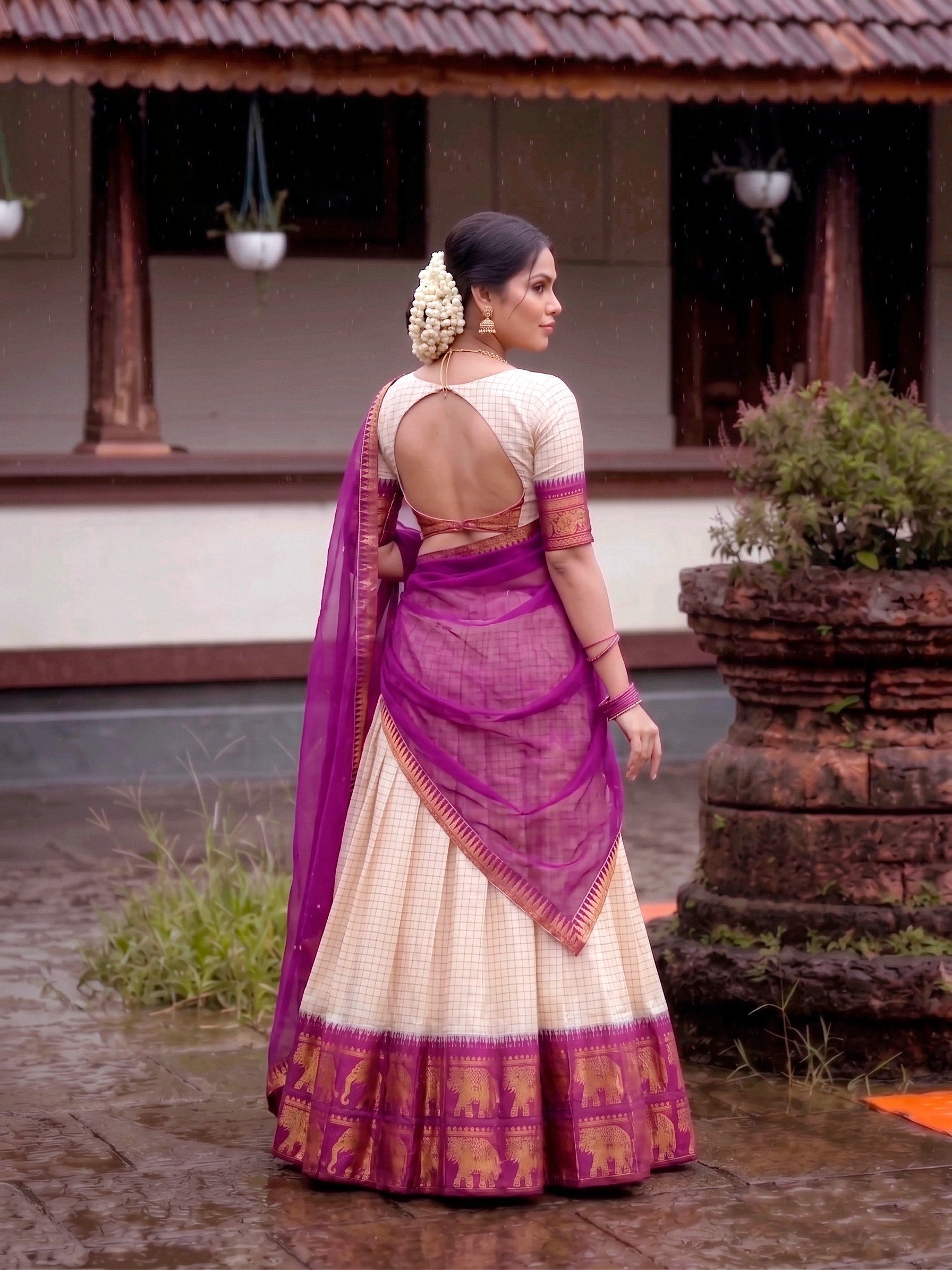 CLASSIC SOUTH INDIAN STYLE WHITE & WINE HALF SAREE