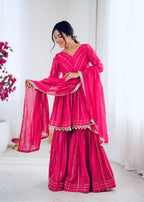 PINK MUL CHANDERI SILK REAL MIRROR & HADWORK SHARARA SET