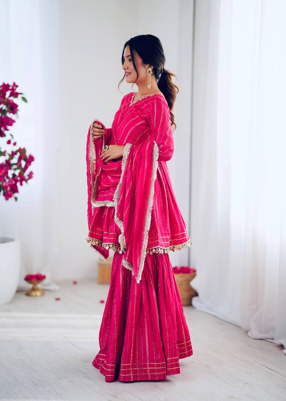 PINK MUL CHANDERI SILK REAL MIRROR & HADWORK SHARARA SET