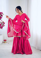 PINK MUL CHANDERI SILK REAL MIRROR & HADWORK SHARARA SET