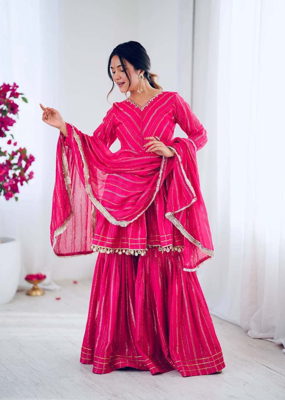 PINK MUL CHANDERI SILK REAL MIRROR & HADWORK SHARARA SET