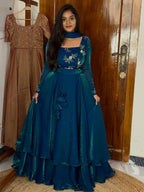 BEAUTIFUL RAMA COLOR HEAVY SPACE SILK 3 IN 1 STYLE LEHENGA CHOLI SET DOUBLE FRILL