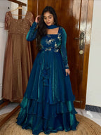 BEAUTIFUL RAMA COLOR HEAVY SPACE SILK 3 IN 1 STYLE LEHENGA CHOLI SET DOUBLE FRILL