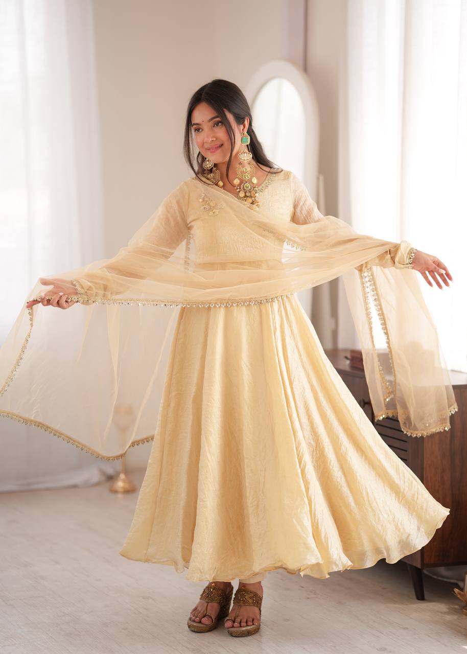 ROYAL IVORY EMBROIDERED DESIGNER ANARKALI SUIT SET