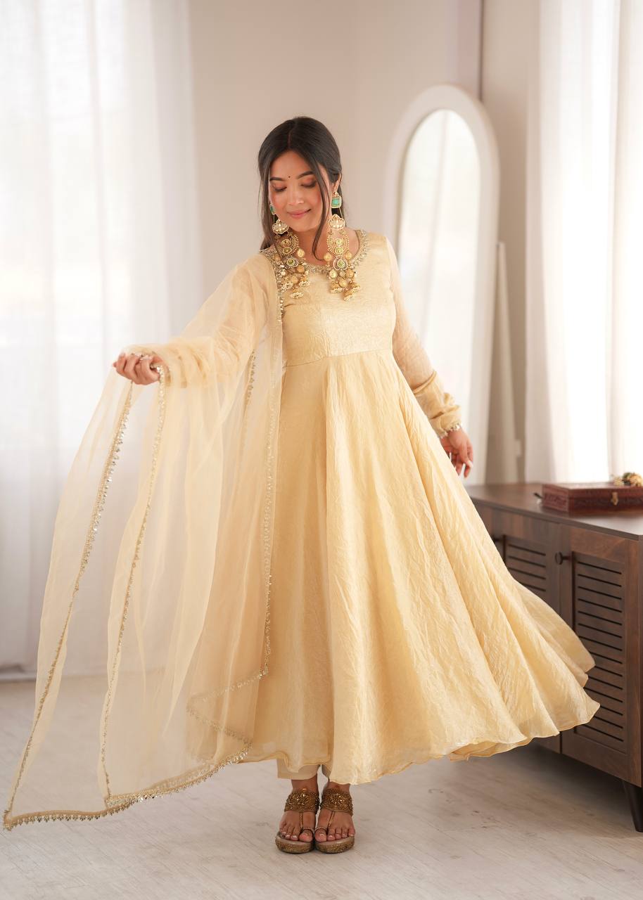 ROYAL IVORY EMBROIDERED DESIGNER ANARKALI SUIT SET