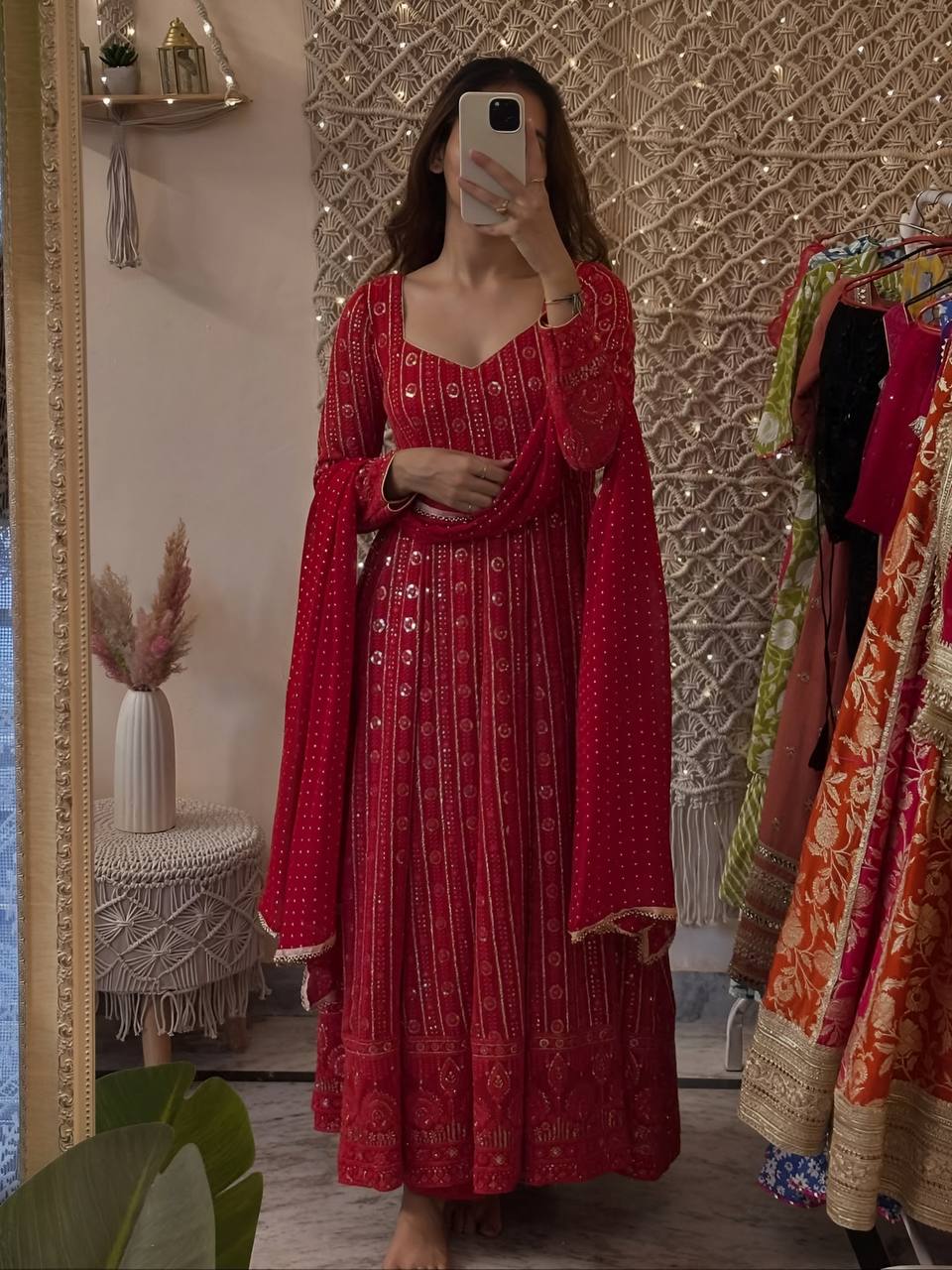 RED LUCKNOWI EMBROIDERED WORK ANARKALI SUIT SET