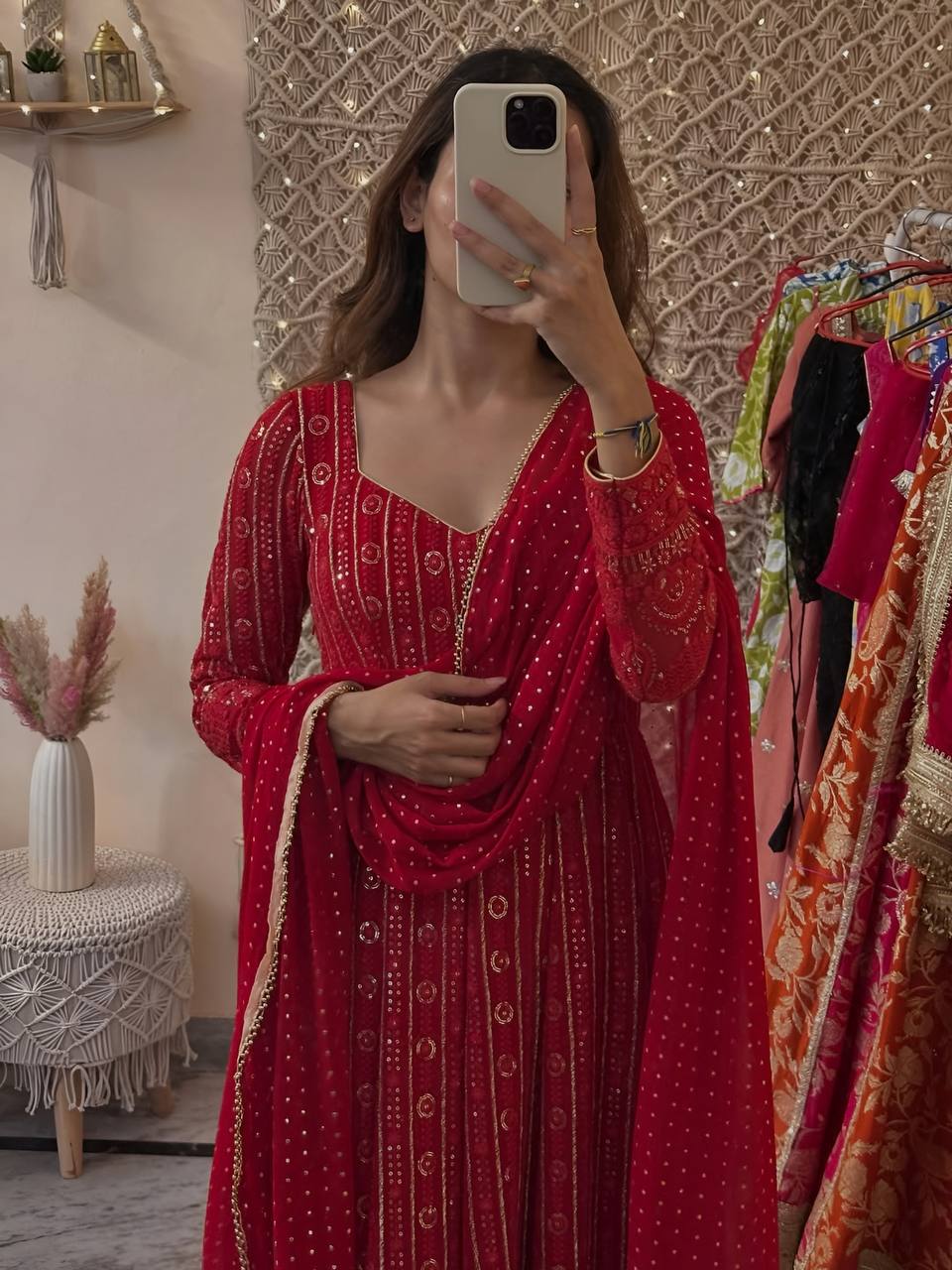 RED LUCKNOWI EMBROIDERED WORK ANARKALI SUIT SET