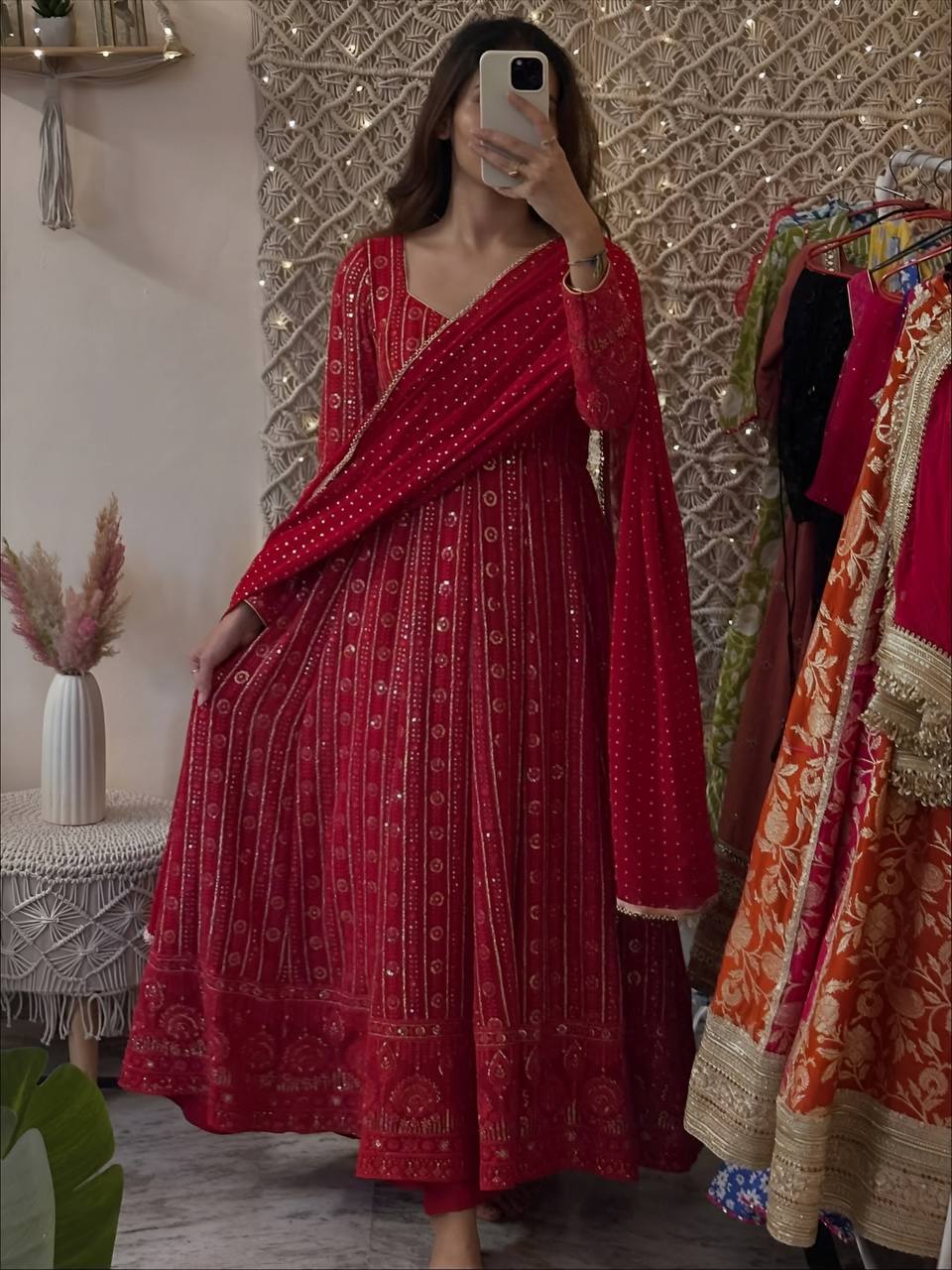 RED LUCKNOWI EMBROIDERED WORK ANARKALI SUIT SET