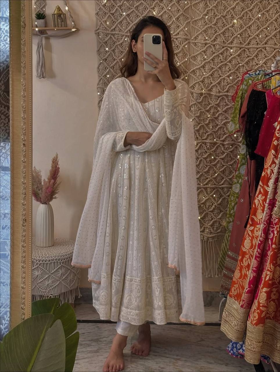 VANILLA LUCKNOWI EMBROIDERED WORK ANARKALI SUIT SET