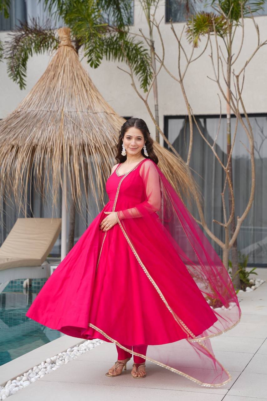 PURE ROMANSILK CHANDERI FABRIC BASE FULLY FLAIR ANARKALI SUIT SET OF 3